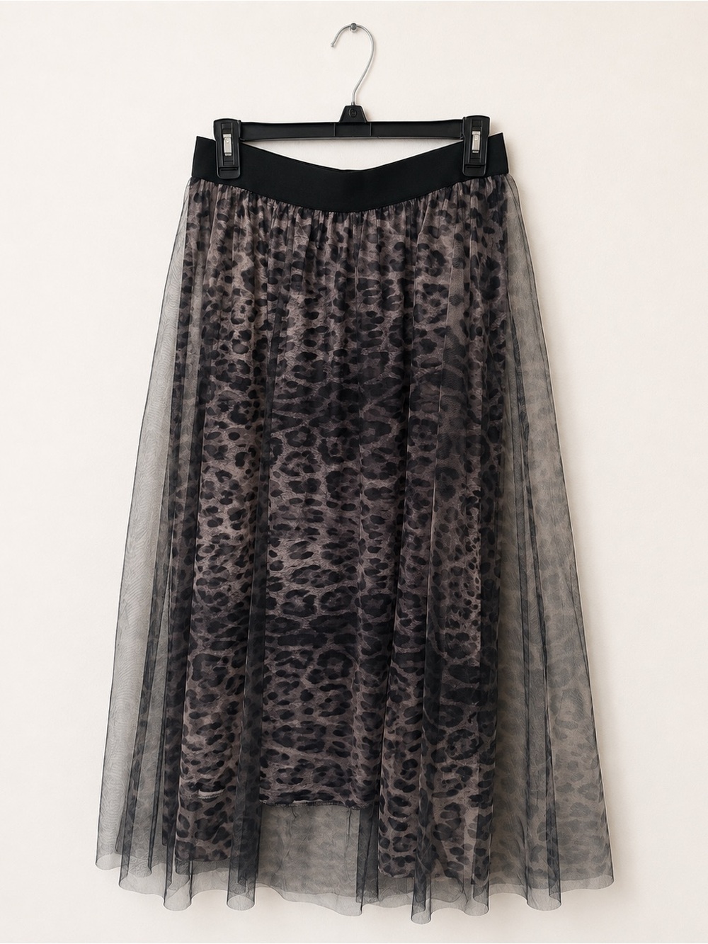Leopard Print Tulle Midi Skirt Black Gray Animal Print